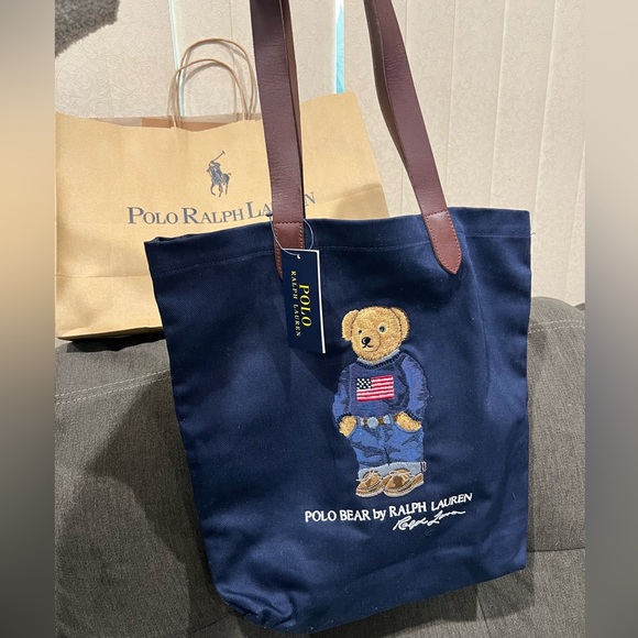 NEW Polo Ralph Lauren Polo Bear American flag sweater Navy Tote Bag - Picture 7 of 13